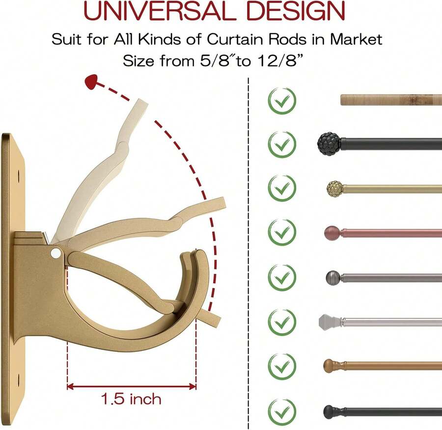 4PCS No Drill Curtain Rod Brackets, Gold Plastic, Self-Adhesive & Screw Mount, Holds Up To 20 Pounds, Suitable For Rods Up To 1.57 Inch Diameter - Gold - View 1