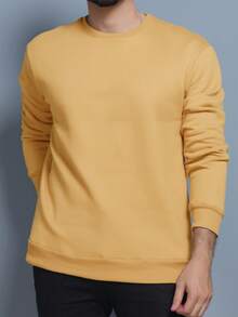 Cold Weather Sweatshirt Without Hood Round Neck Plain With Plush 3 Cables High Quality Unisex - 芥末黃 - 查看 2