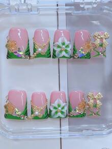 10pcs Y2K Nails Chic Duckbill Press On Nails Set - Handcrafted, Green Nails, Green French Style, Handmade 3D Flowers With Green Flower Core, Hand Drawn Black Zebra Stripes Design, Golden Little Flowers Element And Sparkling Rhinestone Butterfly Design, Sparkling Golden Bow And Cross Accents - Suitable For Women And Girls, Party, Wedding, Daily Wear, Includes Tool Kit. Duck Nails. Handmade Press On Nails. Fake Nails. Nail Supplie - 彩色 - 查看 2