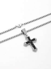 1pc Full Rhinestone Crucifix Pendant Necklace, Stainless Steel Cubic Zirconia Long Chain Sweater Necklace