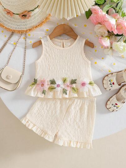 Baby Girl Cute Solid Color Round Neck Sleeveless Ruffled Hem Floral Top And Ruffled Hem Shorts 2 Pieces Outfit, Suitable For Daily Outings In Spring/Summer