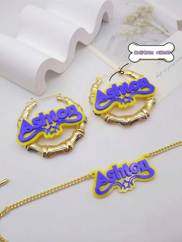 1PC Custom Colorful Name Necklace Earrings Set, Custom Bamboo Earrings, Custom Name Necklace, Cuban Name Necklace, Girls Earrings Set, Gift For Woman