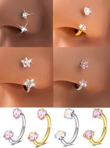 Anillo para la nariz en forma de herradura, anillo de septo con corazón, estrella, y cristales de color rosa, con rosca interna, anillo de cartílago para tragus, aretes para hélice, joyería para piercing de labio, de acero inoxidable, calibre 18/20, 8mm