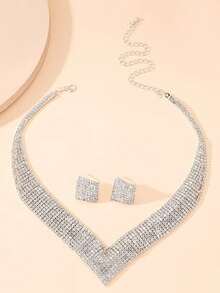 新娘全套水钻项链和耳环套装，夸张优雅简约项链，百搭正装 - 銀白色 - 查看 2