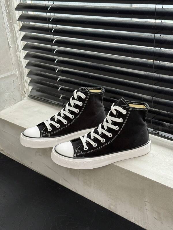 Black Canvas Shoes For Women And Men, Mid-Top Sneakers, Spring/Autumn Korean Style Simple Fashion High-Top Casual Lace-Up Athletic Shoes, Classic Mid-Top Canvas Shoes, Versatile Casual Skateboard Shoes