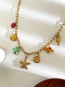 1pc Luxurious Design Minimalist Ocean Theme Glass Ceramic Stainless Steel Sea Star, Seahorse, Shell Multi-Pendant Necklace, Women Jewelry