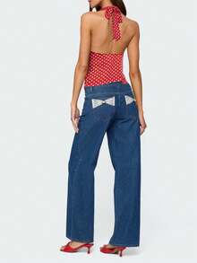 Women Polka Dot Y2k Halter Neck Tank Top Backless Low Cut Tie Up Solid Color Camisole Tops Summer Slim Fit Going Out Crop Tops Club Party Streetwear  - 紅色 - 查看 4