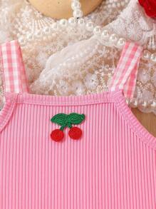 2pcs Baby Girl Summer Outfit Set 2025 - 3D Cherry Embroidered Camisole & Plaid Romper, Lightweight Infant Clothes(Age 3-6M,6-12M,12-24M)