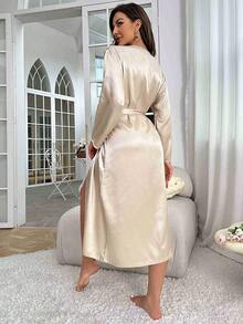 Thin And Sexy Summer Sexy Imitation Silk Nightgown For Women, Long Sleeved, Medium To Long Lace Up Bathrobe, Morning Gown, Fashionable And Comfortable Casual Home Wear For Women - 卡其色 - 查看 5