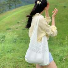 Borsa a tracolla all'uncinetto Enberi da donna - Borsa a spalla bohémien Fairycore con parte superiore aperta e cinghie fisse, borsa da spiaggia estiva con motivo beige e bianco per vacanze, uscite casual, borsa all'uncinetto, borsa a tracolla per tutti i giorni, stile boho chic, accessorio fatto a mano, borsa aperta, accessorio da festival, stile hobo, fibra naturale, accessorio da festival