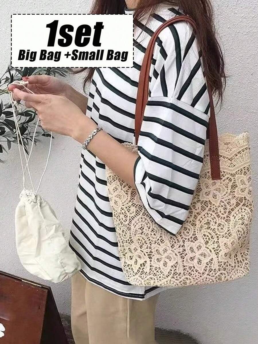 优雅的花卉蕾丝手提包和小号抽绳化妆包，旅行沙滩包，可爱的钱包，别致的单肩和腕部手提包，带磁扣，复杂的编织设计，可折叠设计，涤纶，非常适合购物、旅行、海滩和日常工作、通勤、购物