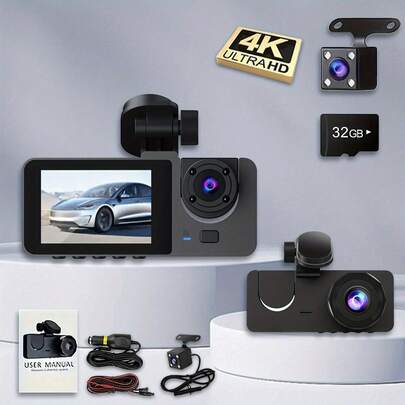4K Full HD Car Recorder, 3 Channels With Night Vision, Rear And Rear Car Cameras, 1080P WDR, G Sensor, Motion Detection, Sticky Mounting, PC Compatible, No Battery Required, Vehicle Safety Camera | Modern Vehicle Accessories | Durable Camera System