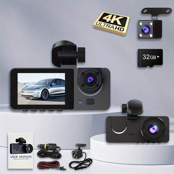 4K Full HD Car Recorder, 3 Channels With Night Vision, Rear And Rear Car Cameras, 1080P WDR, G Sensor, Motion Detection, Sticky Mounting, PC Compatible, No Battery Required, Vehicle Safety Camera | Modern Vehicle Accessories | Durable Camera System