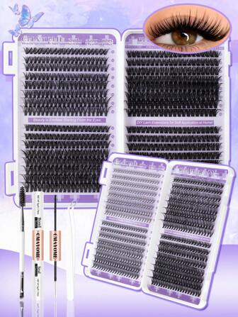 Juego de extensiones de pestañas postizas falsas con rizo en D, 640 piezas, 10D+20D+30D+40D/50D+60D+80D+100D, múltiples mezclas de pestañas tupidas gruesas, paquetes de pestañas suaves, con maquillaje natural para ojos, longitud de 8-16 mm, adecuado para fibra de mink delgada e impermeable, efecto 3D, adecuado para maquillaje natural y dramático para uso diario