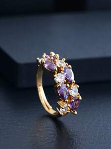 1pc Copper Micro-Inlay Multi-Teardrop Cubic Zirconia Adjustable Open Ring, Minimalist Style Suitable For Daily Wear For Women