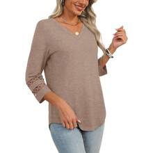 XIEERDUO 3/4 Length Sleeve Womens Tops Dressy Casual Blouses For Women 2025  V Neck T Shirts Summer Clothes - 卡其色 - 查看 4