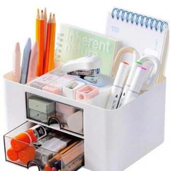 Universal Office Desk Pen Cup, Office Desk Storage Box With 2 Drawers, Office Desk Stationery Organizer With 5 Compartments, Suitable For Office, Home, School,Pencil Case,Pencil Pouch,School Bag, School Supplies,Back To School