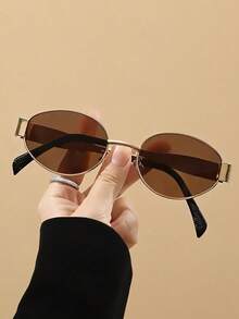 一副男女通用椭圆形金属框时尚眼镜，休闲眼镜，适合日常通勤、海滩、街头摄影 - 黑灰 - 查看 15