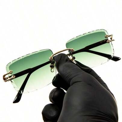 Rimless 90s Green Tinted Lens Men's Women's Retro Frameless Square Sunglasses