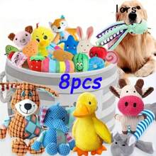 8 件随机颜色和款式毛绒狗玩偶套装，包括吱吱作响的玩具，有助于清洁和磨牙，让狗狗开心和咀嚼