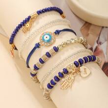 Multiple-Piece Bohemian Creative Devil Eye, Palm & Heart Beaded Multilayer Stretch Bracelet Set