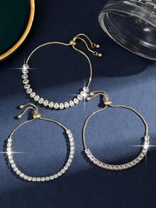 Bộ 3 vòng tay tennis điều chỉnh được, đính đá cubic zirconia hình học, thích hợp cho phụ nữ và bé gái đeo hàng ngày. - Vàng - Xem 10