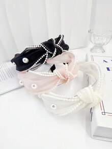1pc Premium Faux Pearl Embellished Wide Edge Headband With Organza Knot, Elegant & Versatile Hair Accessory, Hairband Headband For Women , Hair Accessories, Diadema, Hair Hoop