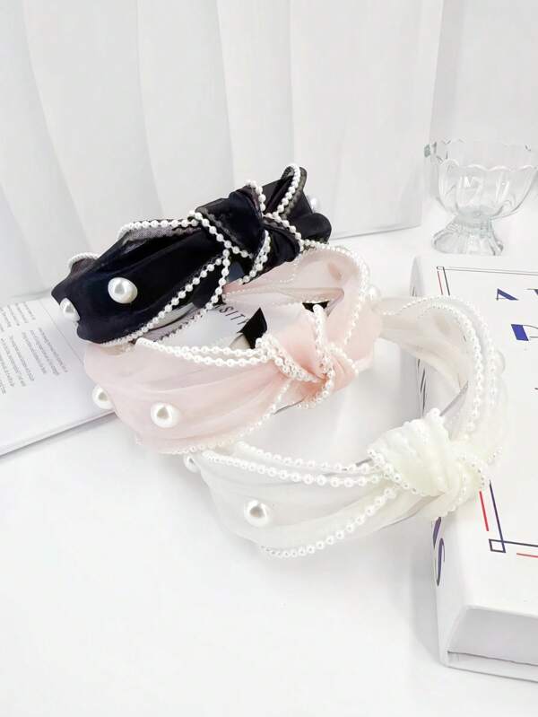 1pc Premium Faux Pearl Embellished Wide Edge Headband With Organza Knot, Elegant & Versatile Hair Accessory, Hairband Headband For Women , Hair Accessories