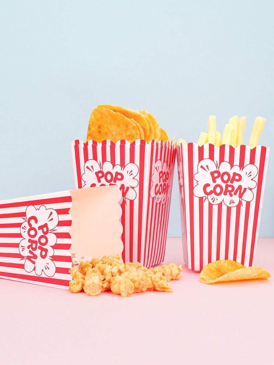 10pcs/20pcs/50pcs Movie Night Popcorn Paper Boxes, Retro Party Design Red & White Striped Vintage Carnival Pattern Mini Popcorn Boxes, Paper Popcorn Containers Suitable For Christmas Party - Red and White - View 1