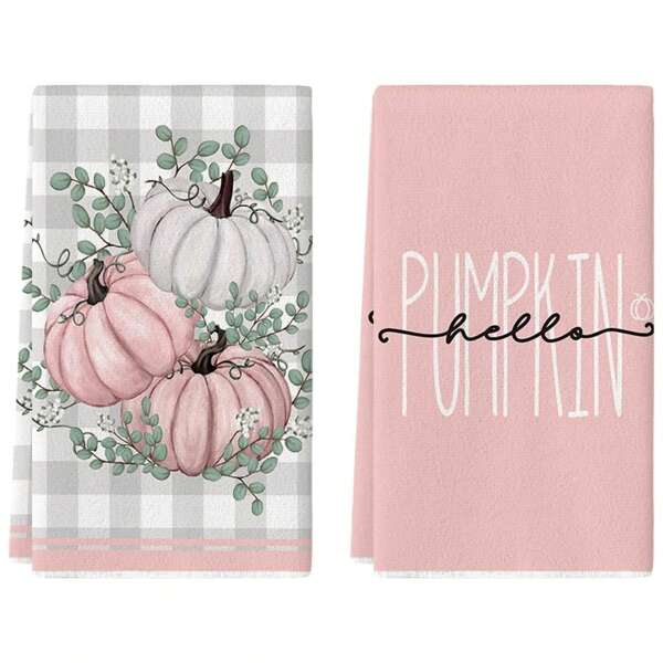 2Pcs Pink Eucalyptus Leaves Hello Pumpkin Fall Kitchen Towels Dish Towels, 16x24 Inch Autumn Harvest Decoration Hand Towels