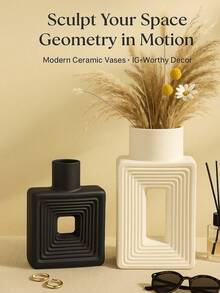 1 件简约几何镂空树脂黑色花瓶 - 现代简约风格，哑光黑色调，方形轮廓，立体镂空细节，装饰空间，适用于客厅和展厅场景，是馈赠朋友和生日礼物的最佳选择 - 彩色 - 查看 2