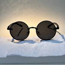 1 Pair Men's Round Metal Faux Wood Grain Temple Fashion Glasses, Fashionable