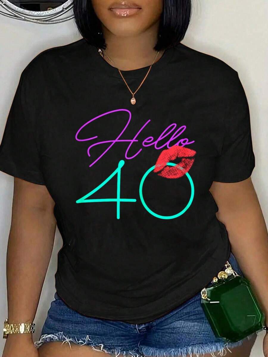 100% Cotton 40th Birthday Hello 40 Kiss Funny Purple Bday Women Gift T-Shirt Unisex Classic Comfort Tee Tops Oversized Crew Neck T Shirts - 黑色 - 查看 1