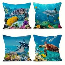 4 pièces, Taie d'oreiller thème de la vie marine côtière, Housse de coussin décorative thème de l'océan bleu, Convient pour la chambre à coucher, le canapé ou la décoration du salon, Sans âme de coussin, 100% polyester, 16x16 18x18 20x20 pouces, Impression unilatérale.