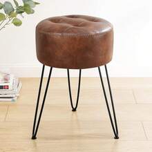 Reddish Brown Vanity Stool Chair For Makeup Room, Tufted Faux Leather Stool For Vanity, 19 Inch Height, Vanity Chair Stool With Metal Legs, Modern Foot Stool Ottoman For Bedroom, Living Room - Red - View 1