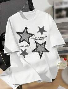 Camiseta Casual para Hombre con estrelas  - Cómoda Manga Corta de Verano, Verde Oliva con Diseño de Rayas Blancas, Tejido Ligero de Poliéster, Cuello Redondo, Lavable a Máquina, Camiseta para Uso Diario | Estilo Casual Moderno | Textura Suave - Blanco - Ver 1