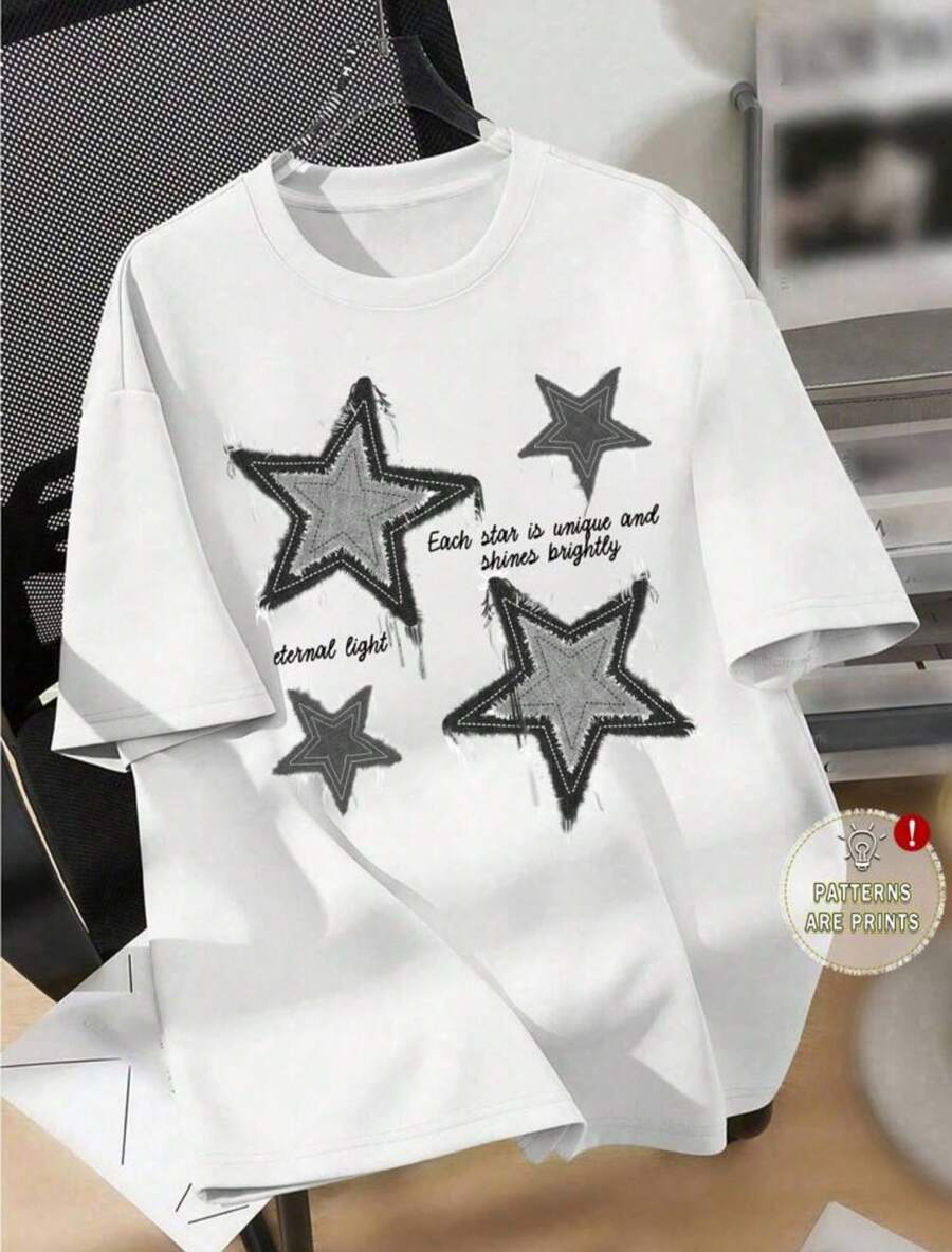 Camiseta Casual para Hombre con estrelas  - Cómoda Manga Corta de Verano, Verde Oliva con Diseño de Rayas Blancas, Tejido Ligero de Poliéster, Cuello Redondo, Lavable a Máquina, Camiseta para Uso Diario | Estilo Casual Moderno | Textura Suave - Blanco - Ver 1