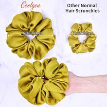 Big Real Silk Scrunchies For Women 6.3Inches Large Scrunchie Satin Oversized Silk Thick Elastic Hair Ties Jumbo Hair Scrunchies 6 Pack (Black,White,Pink, Champagne,Navy,Yellow) - Black - View 2