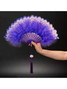 1 件手工羽毛扇，塑料框架，镀金边缘，折扇饰有玉莲花 - 装饰、艺术、照片背景 - 彩色 - 查看 20