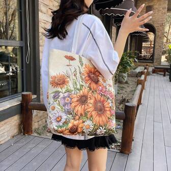 1 pièce Sac fourre-tout à l'épaule avec motif de peinture de tournesol, grande capacité avec fermeture éclair, convient pour les magazines, les téléphones, les tablettes, les ordinateurs portables, les portefeuilles, les sacs cosmétiques, idéal pour les étudiantes, les lycéennes, les dames de bureau