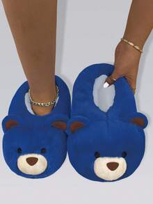 女士居家柔软防滑轻便蓝色刺绣全包熊拖鞋