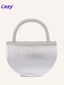 Cezy 1 pieza Elegante bolso de mano plateado de strass, forro de poliéster resistente - Correa para el hombro desmontable y cierre magnético - Clutch ligero para la noche, adecuado para bodas, fiestas y eventos formales