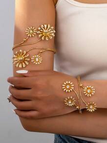 2 peças/Conjunto Pulseira Floral Retrô Dourada para Braço Superior na Moda, Adequada para Uso Diário, Presente de Aniversário para Mulheres