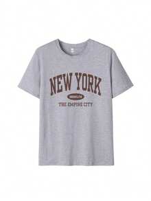 Camiseta Casual Holgada con Estampado de Letras para Mujer, Moda Casual Diaria Versátil.Camiseta con estampado, Vacaciones - Gris - Ver 3