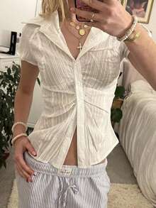 Women Y2k Coquette Button Down Shirt Cute E-Girls Preppy Short Sleeve V Neck Slim Fit Crop Top Casual 90S Vintage Blouse Summer Going Out Tops - 白色 - 查看 2
