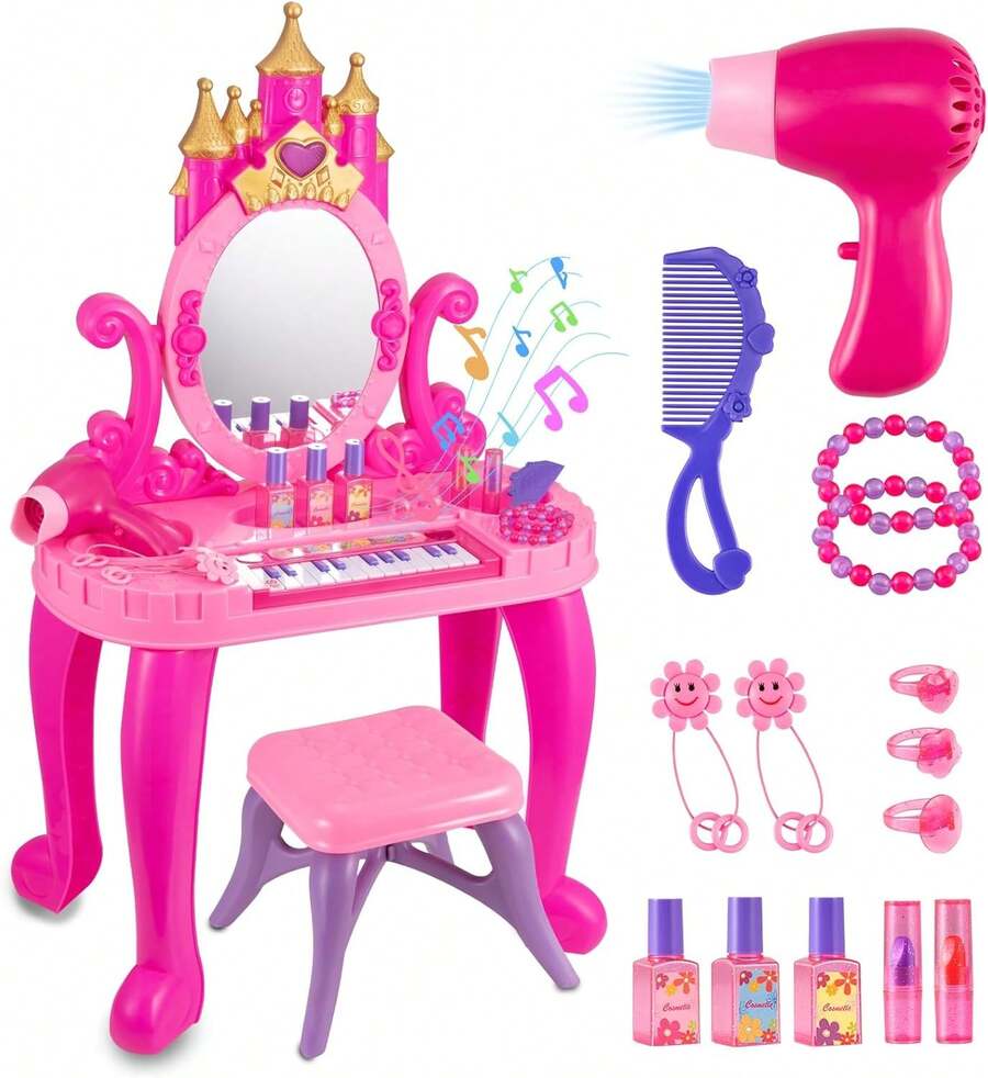 Princess Vanity Makeup Table Toy With Lights & Music – Adjustable Mirror, 13-Key Piano, Pretend Play Cosmetics & Accessories – Gift For Girls Ages 2-5 - Pink - View 1