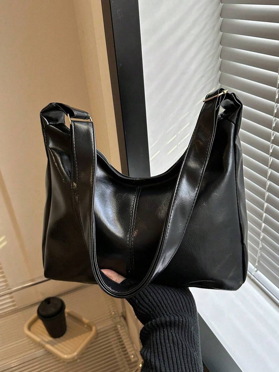 Women's Vintage Shoulder Bag, New Soft Leather Tote Bag For Fashion Casual Commute, Large Capacity Versatile High-End Niche Commuter Bag - 黑色 - 查看 1
