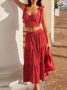 女士夏季心形印花性感优雅休闲波西米亚度假细肩带露背弹力荷叶边短款上衣和高腰 A 字长裙套装，适合日常外出、通勤、约会、海滩度假、节日、派对、街头摄影穿着 - 紅色 - 查看 3