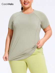 Plus Size Women's Breathable Stretchy Casual Fitted Sports T-Shirt, Suitable For Fitness, Exercise And Daily Wear - 薄荷藍 - 查看 1