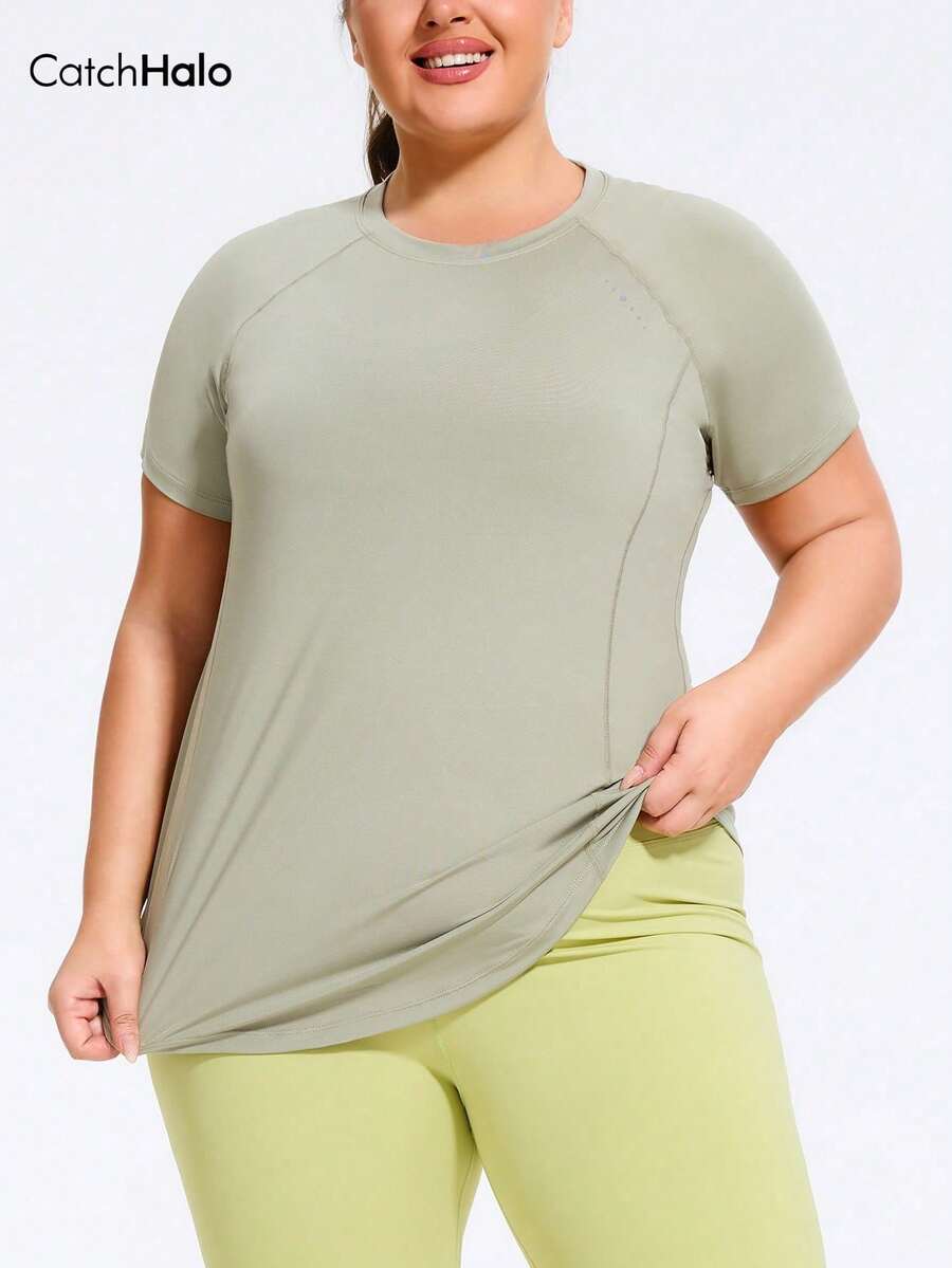 Plus Size Women's Breathable Stretchy Casual Fitted Sports T-Shirt, Suitable For Fitness, Exercise And Daily Wear - 薄荷藍 - 查看 1